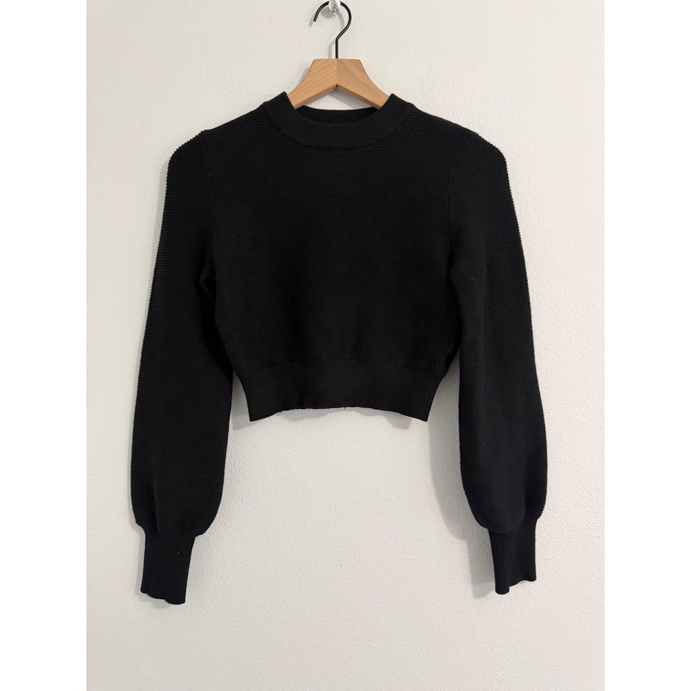 Zesica - Cropped Rib Knit Black Balloon Sleeve Sweater